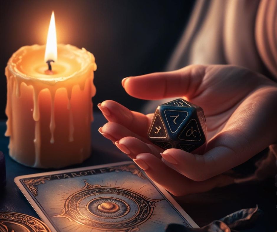 Hand mit magischem Würfel neben Tarotkarte und brennender Ritualkerze – Symbol für Hypnose, Rituale und spirituelle Praxis