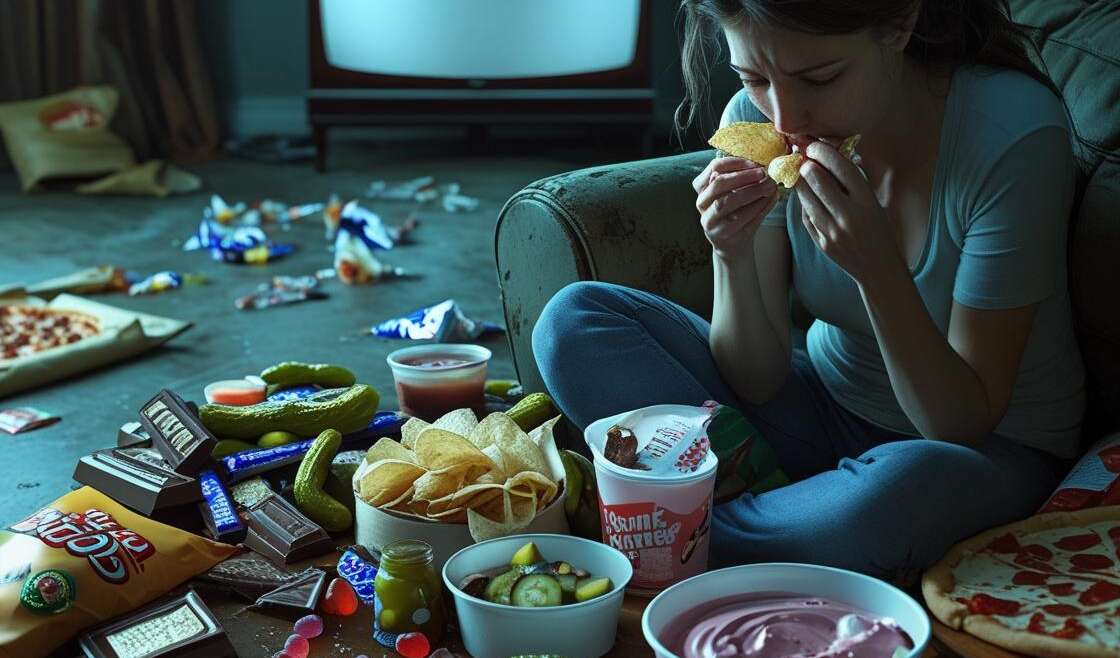 Frau isst unkontrolliert Chips auf dem Sofa, umgeben von Snacks, Süßigkeiten und Fast Food – symbolisch für emotionales Essverhalten und Binge Eating.
