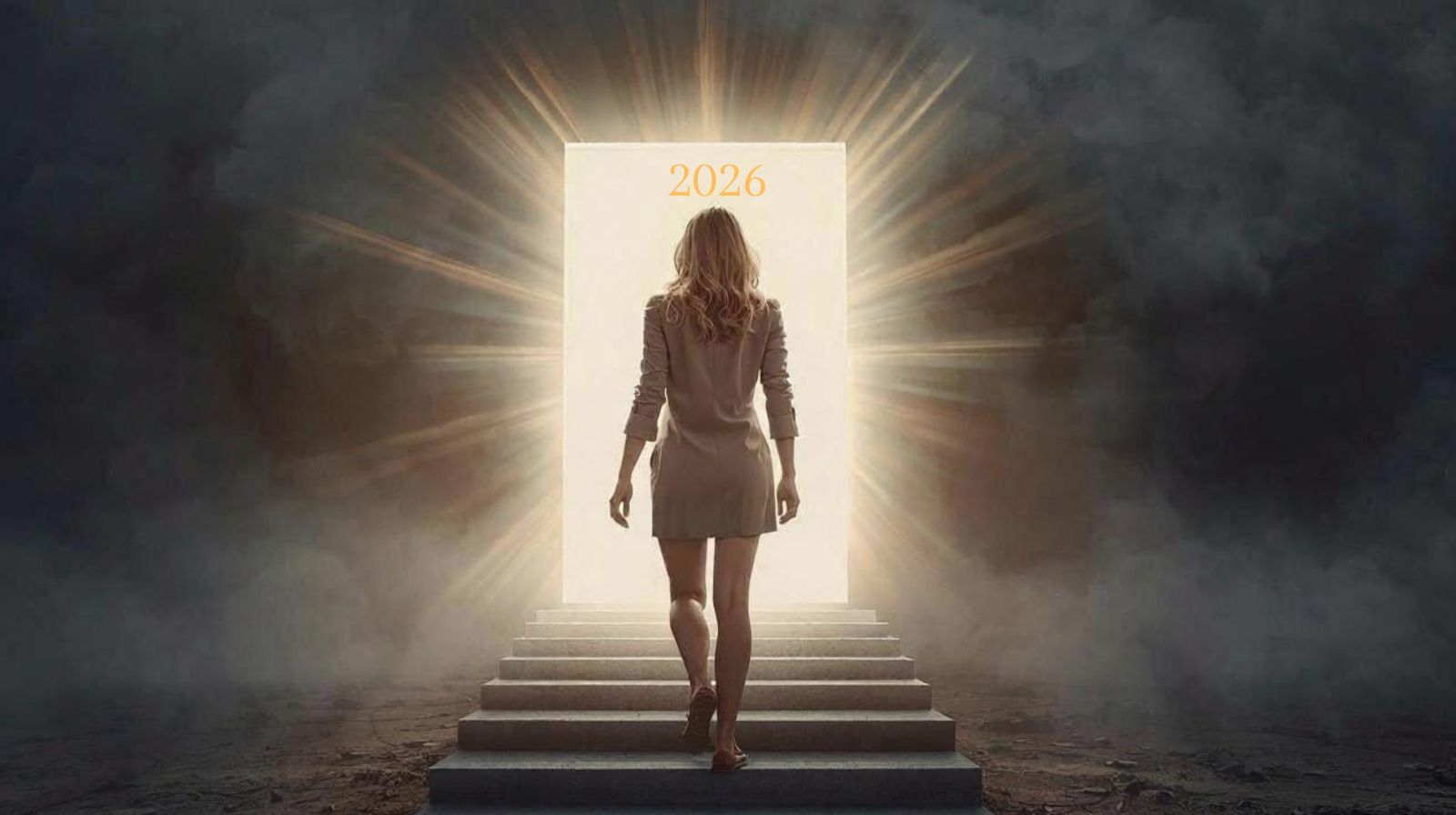 Frau schreitet vom dunkeln ins licht, durch eine Tür ins Jahr 2026. Jahres Coaching Griesinger